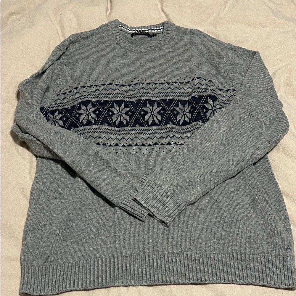 Nautica Gray and Navy Winter Crewneck Sweater